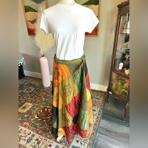 Artisan Nepal Patchwork Wrap Skirt- Orange Sun Symbols